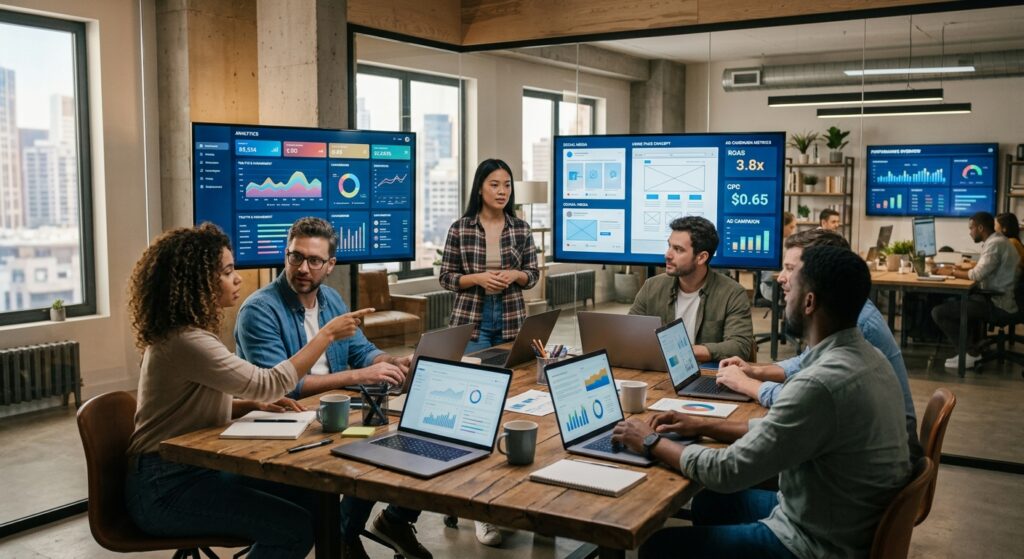 Equipe de agência de marketing digital completa trabalhando com dashboards e estratégias integradas