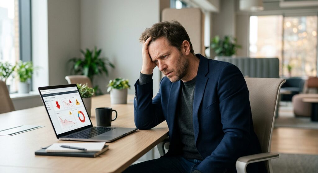 empresário analisando erros no site da empresa em laptop moderno