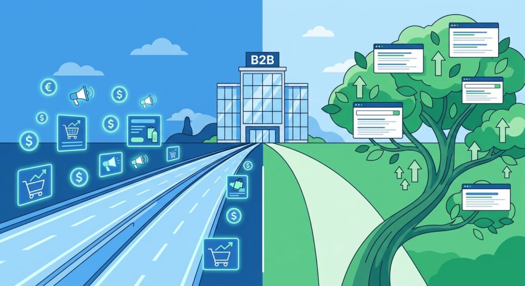 Ilustração comparando tráfego pago vs SEO para empresas B2B com dois caminhos digitais