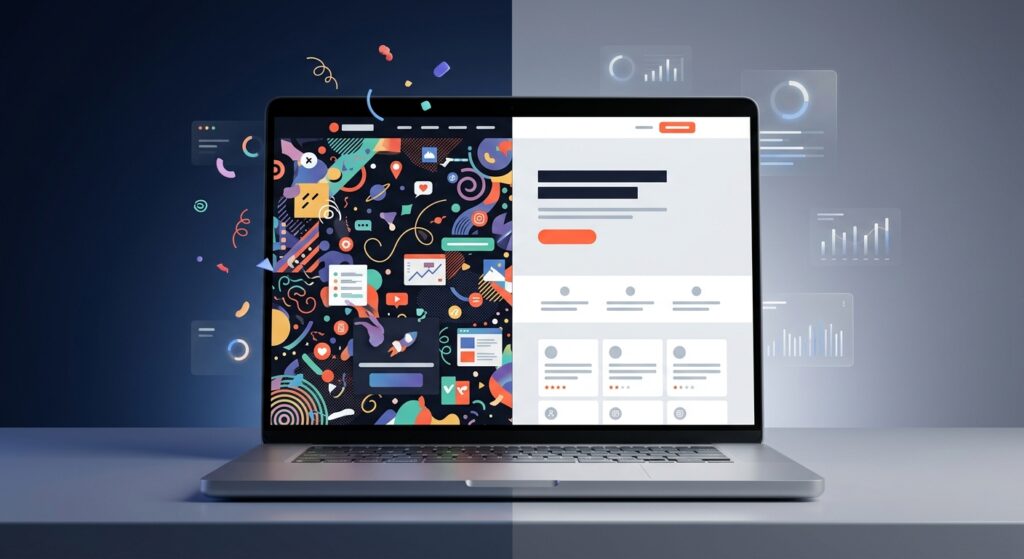 Comparação entre site bonito sem estratégia e site com design focado em conversão mostrando resultados reais
