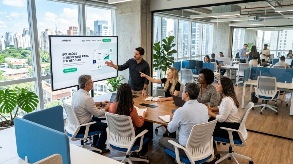 Equipe analisando projeto de site profissional para empresa em escritório moderno