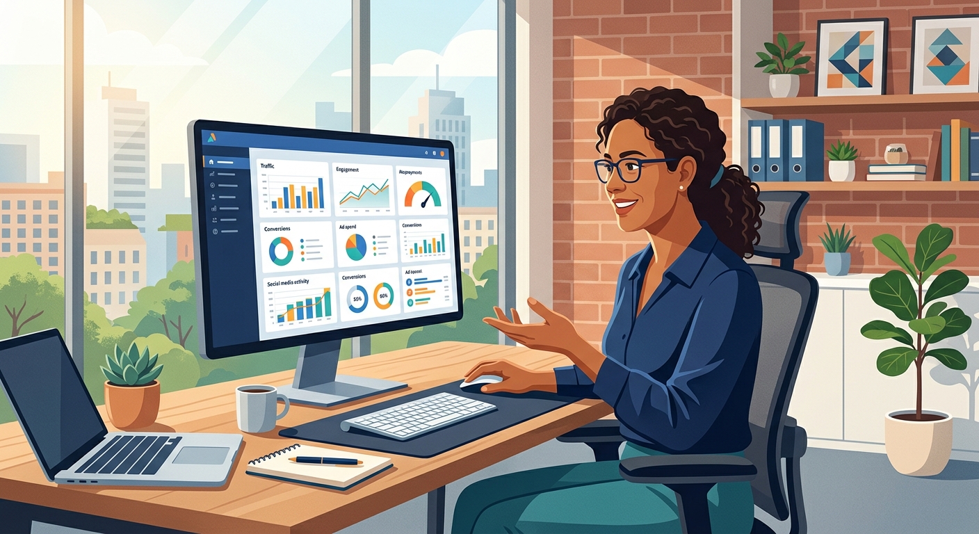 Empreendedor analisando painel de resultados de agência de marketing digital full-service em 2026