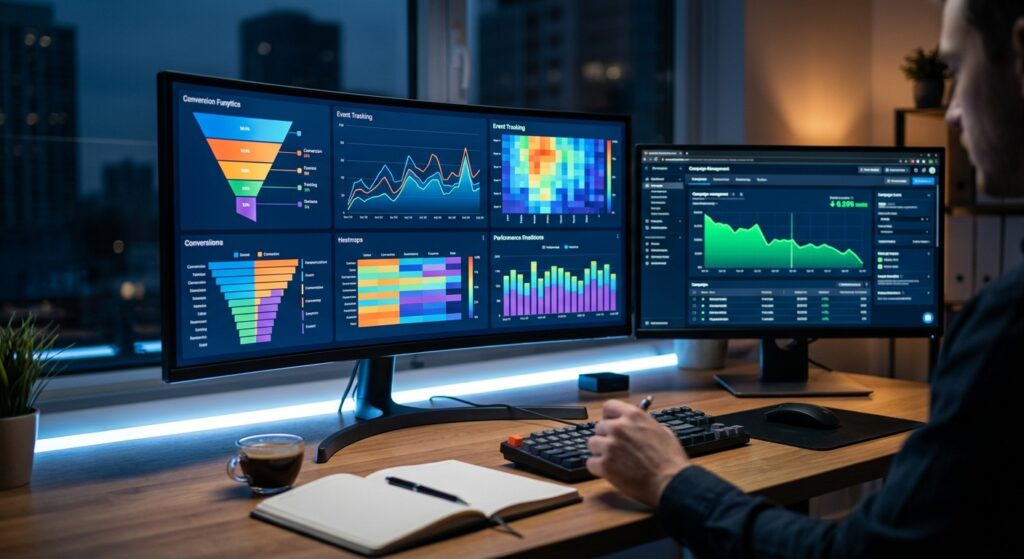 Dashboard de trackeamento avançado mostrando redução de custos em campanhas de tráfego pago