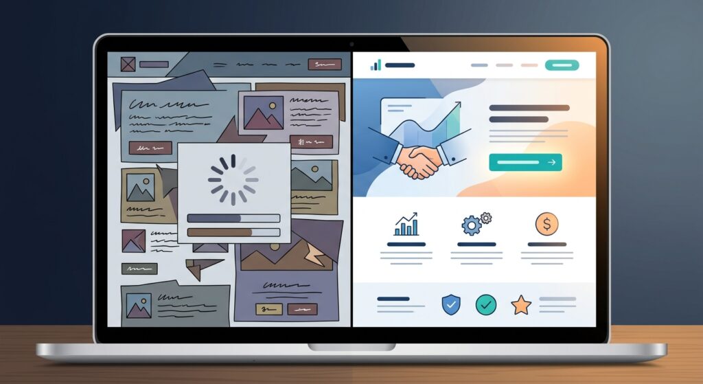 Comparação entre site com erros de web design e site otimizado para conversão em laptop moderno