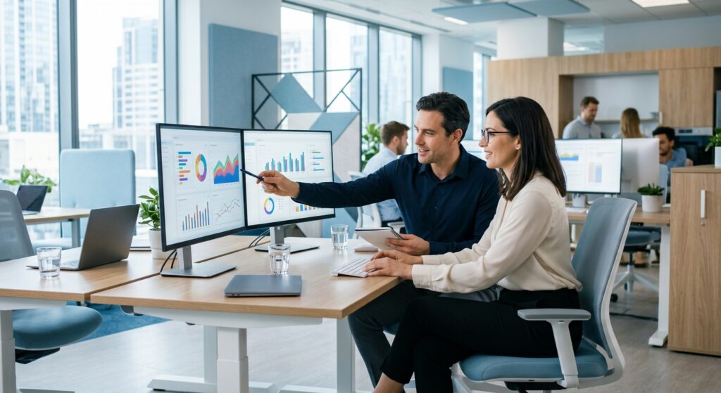 Equipe de agência de marketing digital analisando resultados em dashboards modernos no escritório