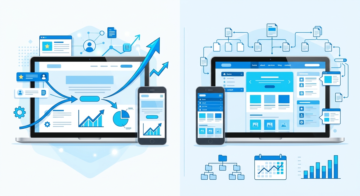 comparação entre landing page ou site completo exibidos em dispositivos modernos