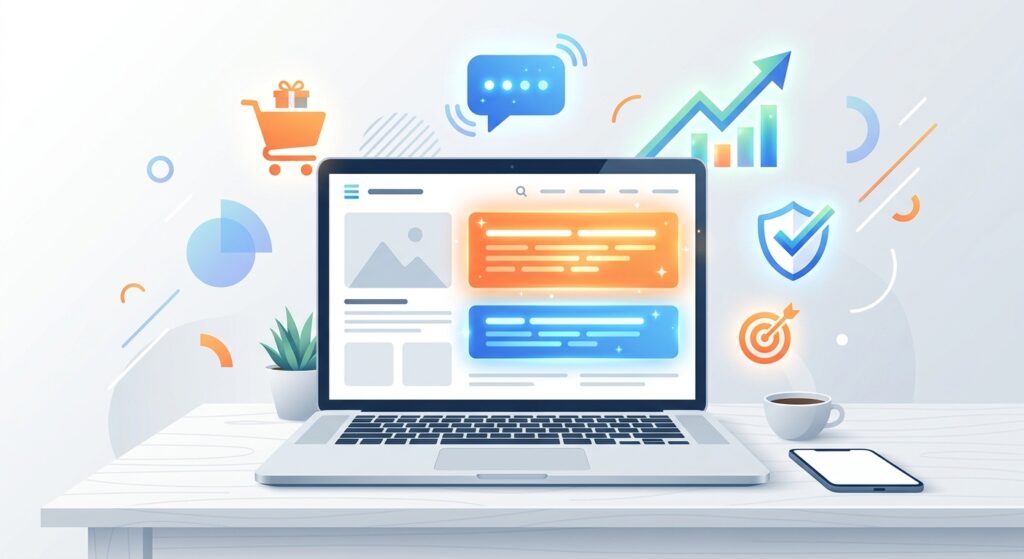 Ilustração de copywriting para sites com elementos de conversão e design digital