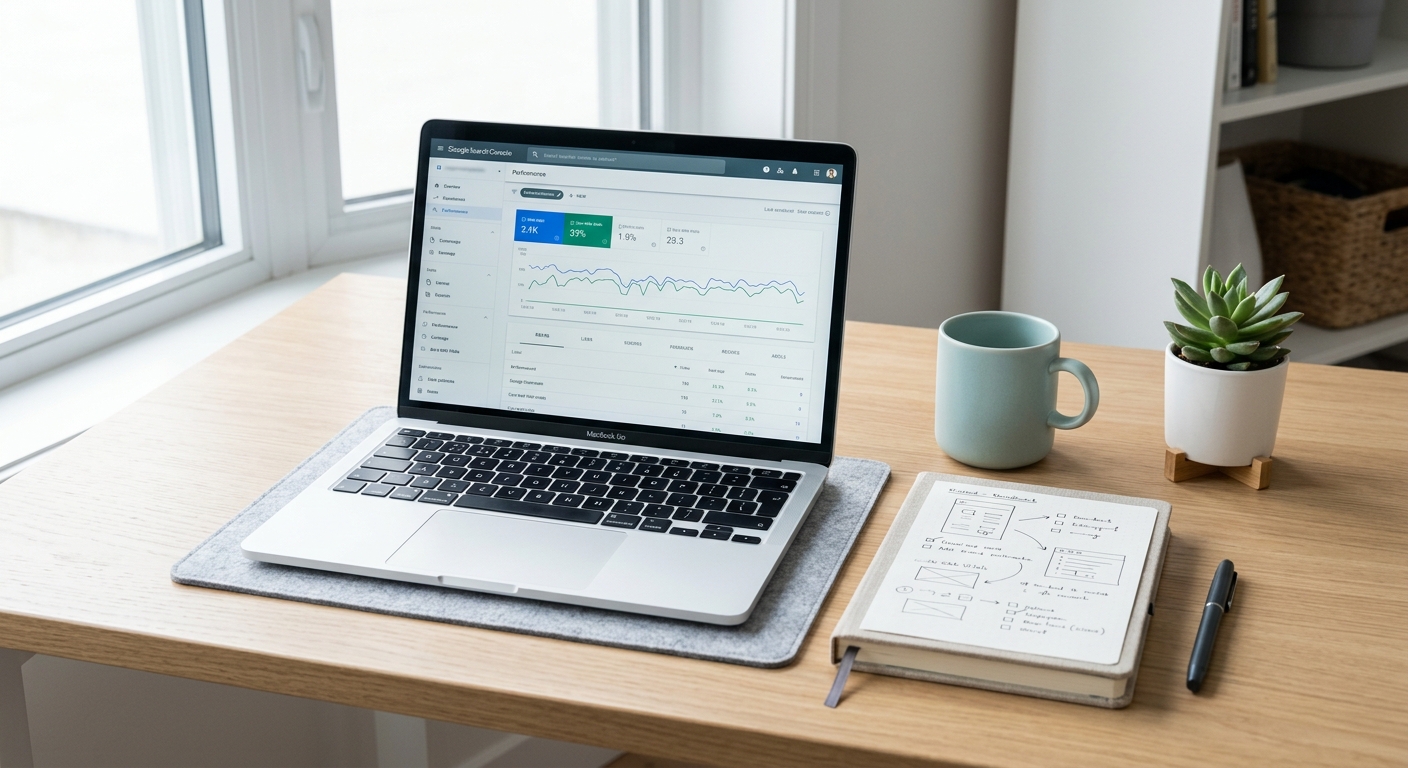 Painel de SEO técnico no computador com métricas do Google Search Console para pequenas empresas