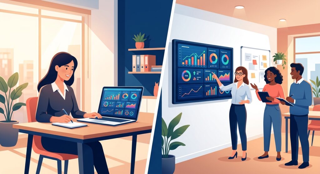 Empresário acompanhando painel de marketing compartilhado em tempo real com agência digital