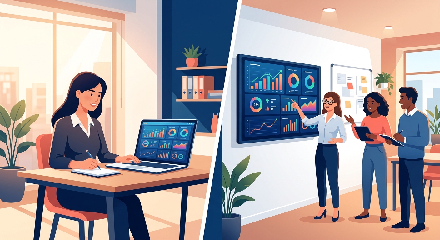 Empresário acompanhando painel de marketing compartilhado em tempo real com agência digital