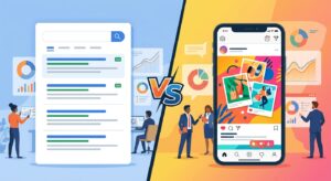 Ilustração comparando Google Ads vs Meta Ads para empresas que investem em tráfego pago