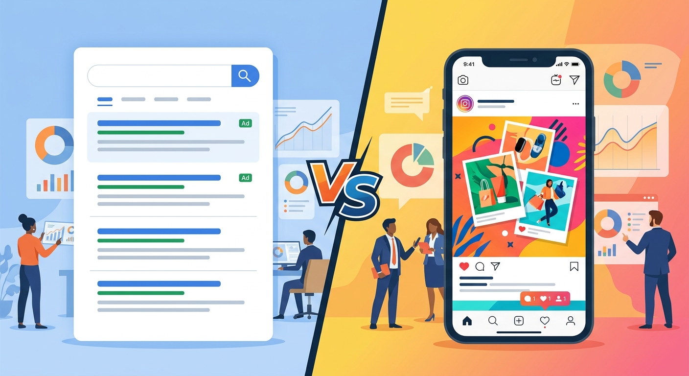 Ilustração comparando Google Ads vs Meta Ads para empresas que investem em tráfego pago