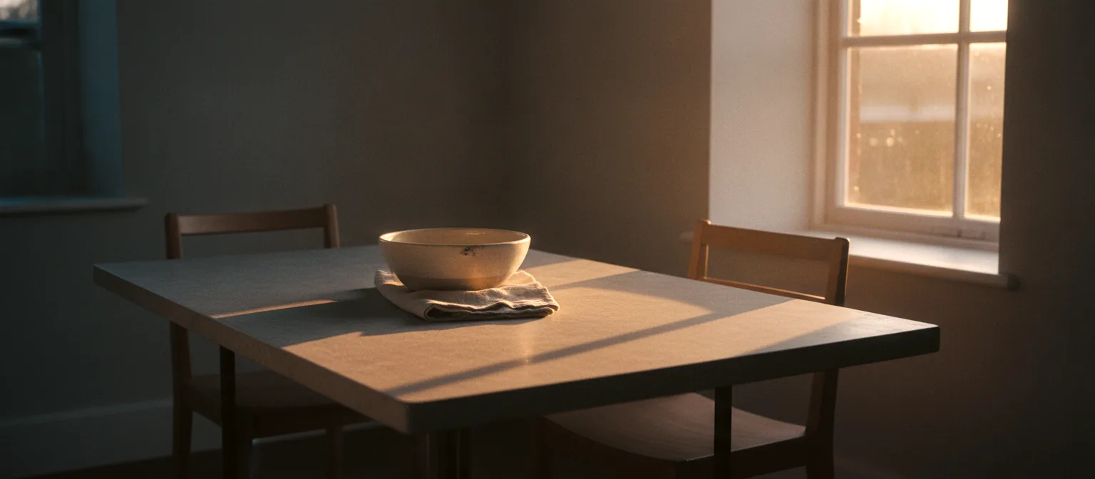 Uma mesa de cozinha com a luz da manhã atravessando o tampo, de um lado ainda na sombra fria, do outro já no sol