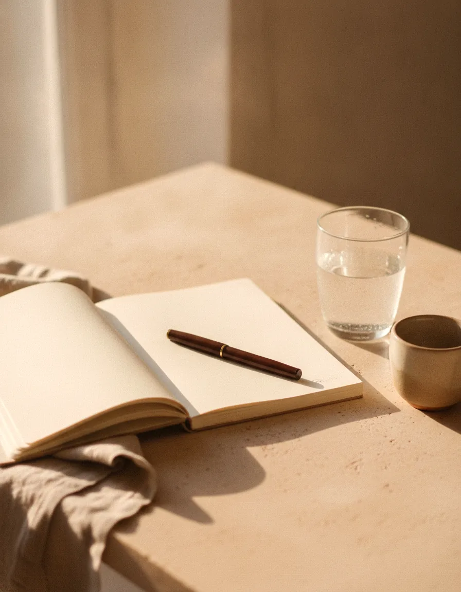 Caderno aberto, caneta e um copo de água sobre a mesa, em luz de manhã
