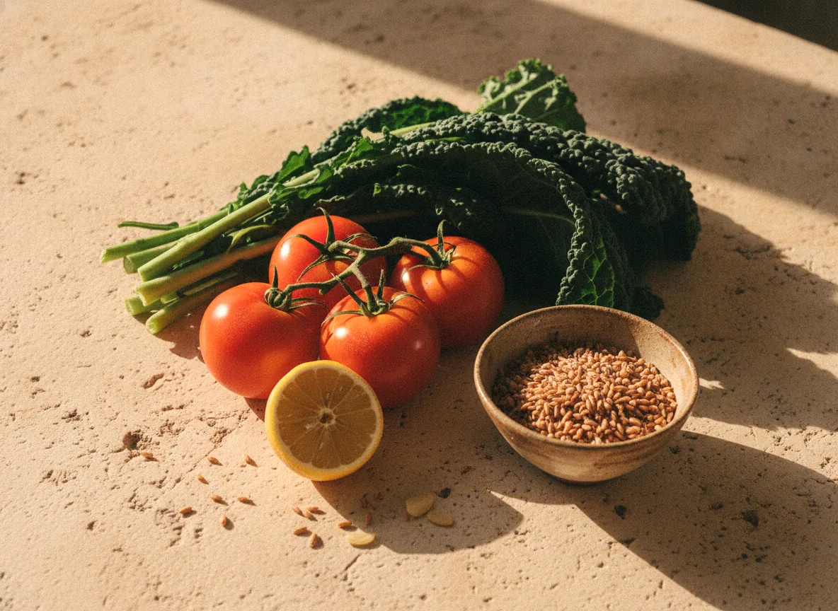Legumes, tomates e grãos sobre a pedra clara, em luz de manhã